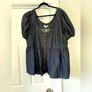 NWT Kika Vargas Womens Blue Chambray Plus Size Puff Sleeve Button Down Top 3X